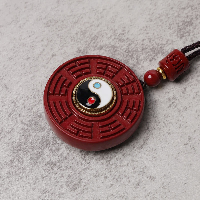 Fortune Jewel Natural Cinnabar Bagua Rotatable Yin Yang Keep Away Evil Spirits Necklace Pendant