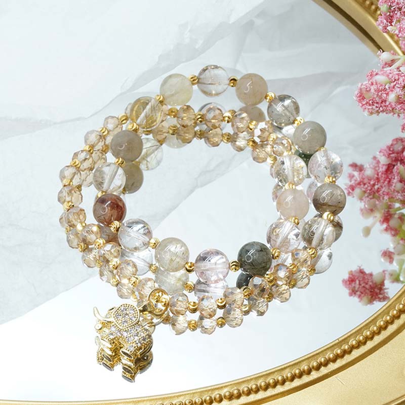 Fortune Jewel Rose Quartz Elephant Healing Energy Charm Bracelet