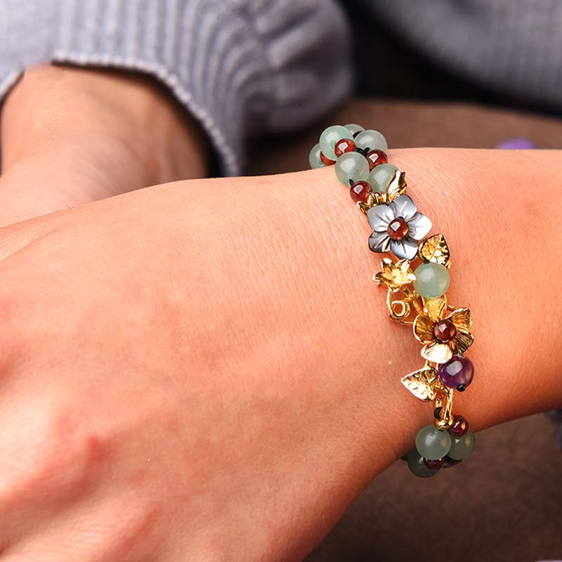 Fortune Jewel Green Aventurine Garnet Bead Flower Petal Luck Bracelet