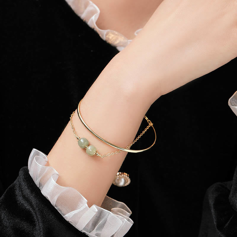 Fortune Jewel Copper Plated Gold Hetian Jade Bead Luck Double Layer Bracelet Bangle