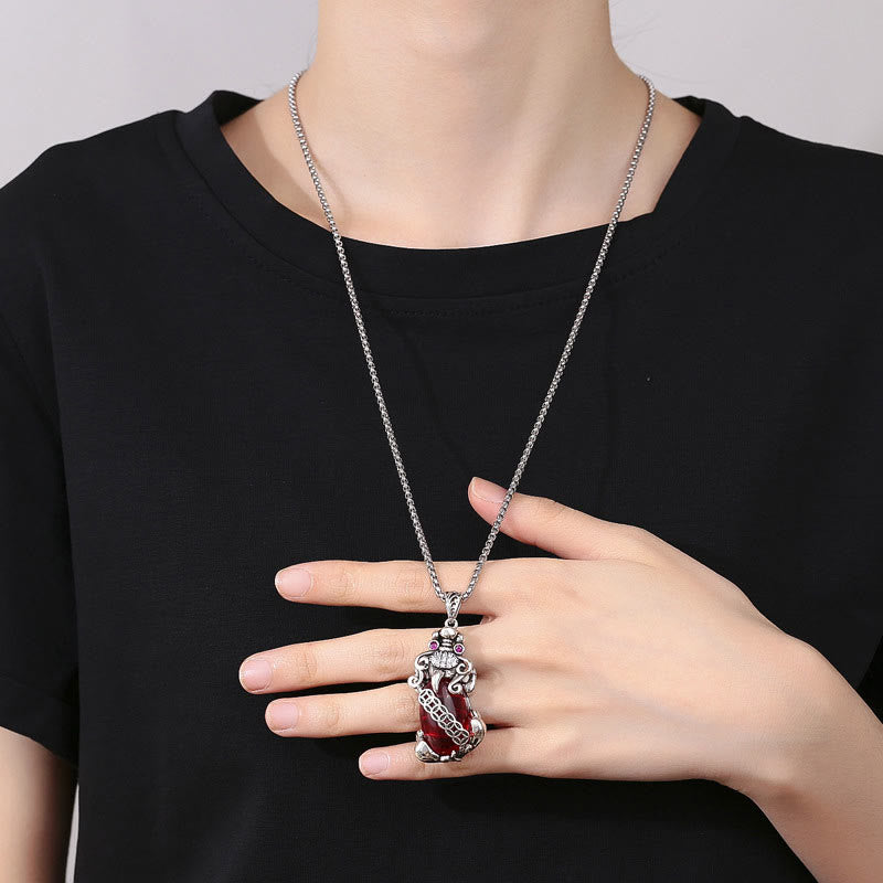 Fortune Jewel PiXiu Garnet Copper Coin Wealth Luck Necklace Pendant