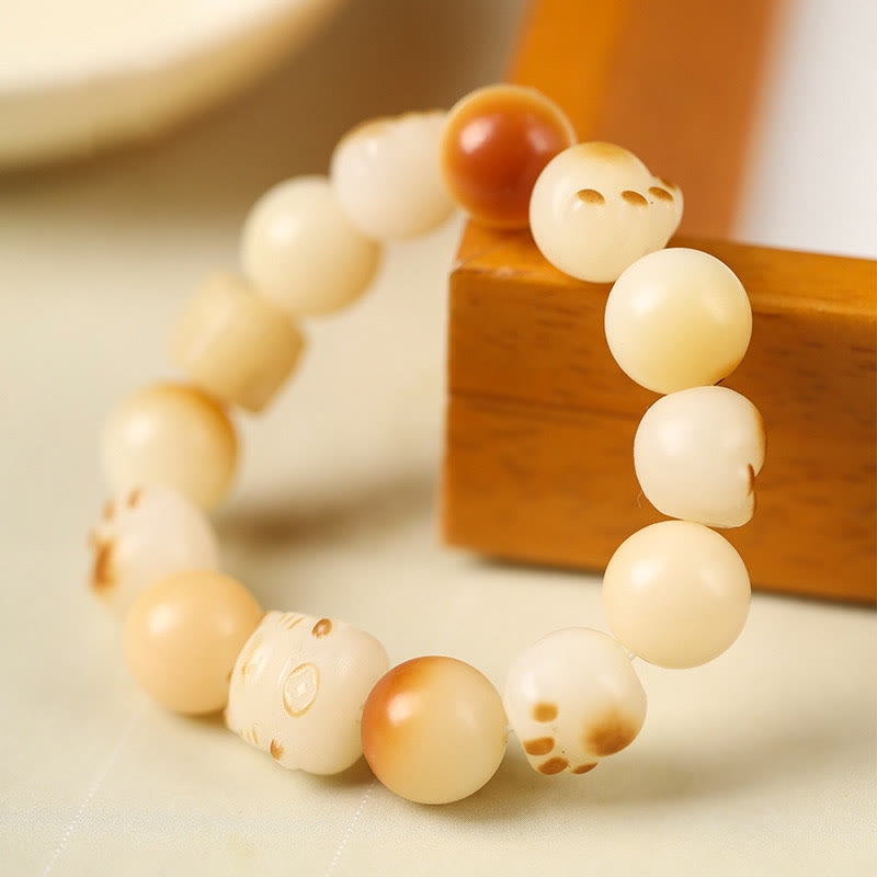 Fortune Jewel Natural Bodhi Seed Sandalwood Lucky Cute Cat Head Paw Claw Peace Bracelet