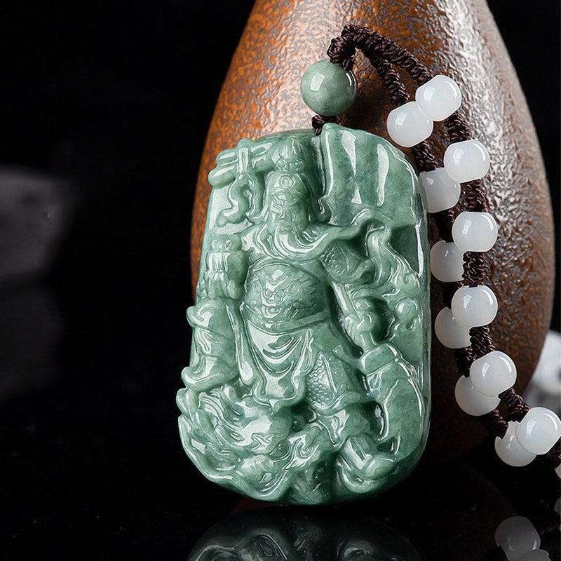 Fortune Jewel Natural Jade Guan Gong Amulet Wealth Necklace Pendant