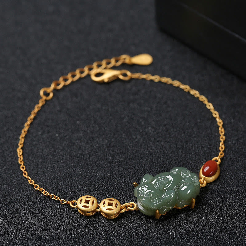 Fortune Jewel Cyan Jade PiXiu Copper Coin Red Agate Success Chain Bracelet