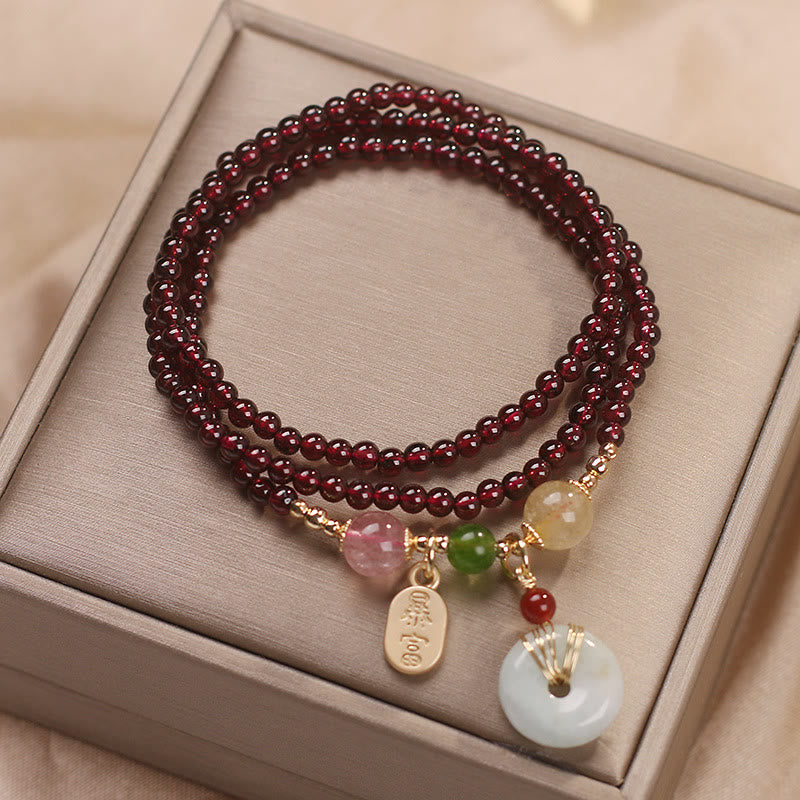 Fortune Jewel Natural Garnet Strawberry Quartz Crystal Fox Koi Fish Peace Buckle Fortune Protection Triple Wrap Bracelet
