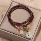 Fortune Jewel Natural Garnet Strawberry Quartz Crystal Fox Koi Fish Peace Buckle Fortune Protection Triple Wrap Bracelet