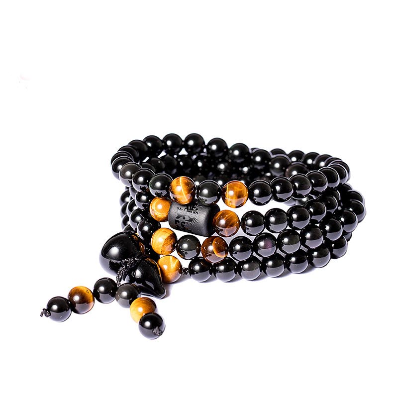 Fortune Jewel Natural Black Obsidian Rainbow Obsidian Gourd Blessing Bracelet Mala