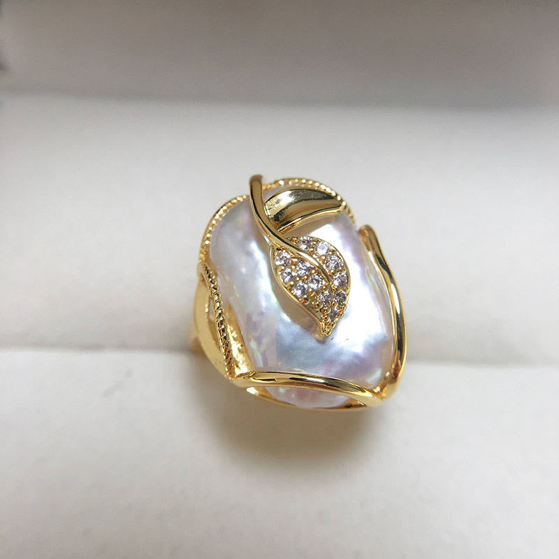 Fortune Jewel Pearl Copper Plated Gold Flower Happiness Wealth Ring