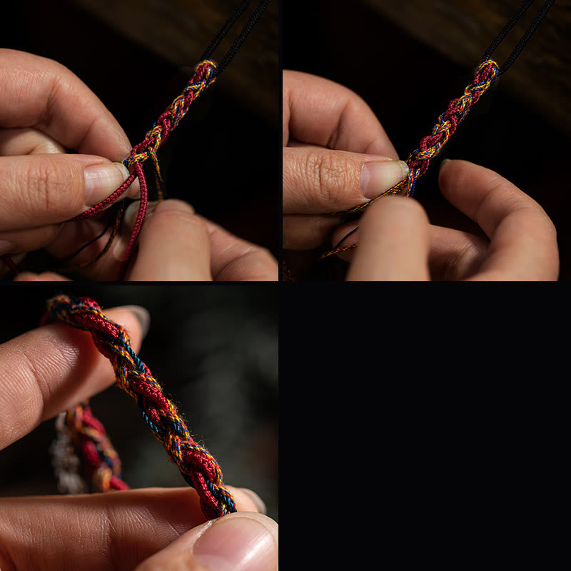 Fortune Jewel Tibetan Handmade Colorful Thread 925 Sterling Silver Koi Fish Protection Strength String Bracelet
