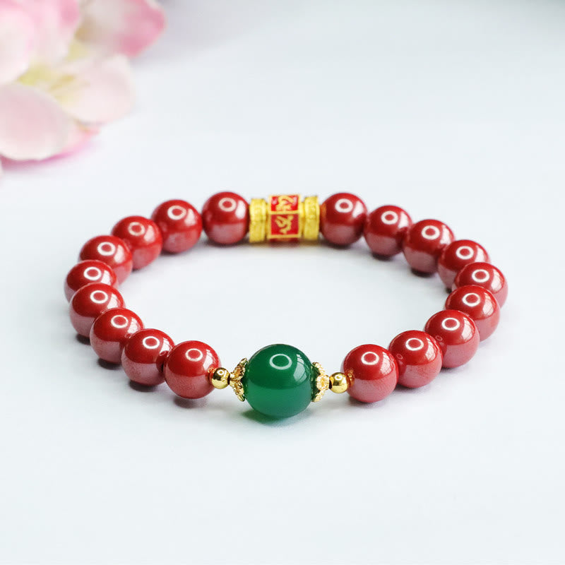 Fortune Jewel Natural Cinnabar Green Agate Om Mani Padme Hum Pattern Blessing Bracelet