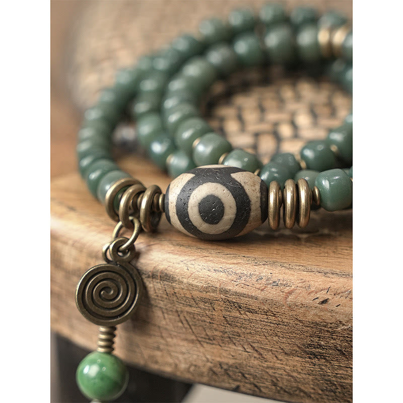 Fortune Jewel Cyan Bodhi Seed Dzi Bead Wisdom Peace Triple Wrap Bracelet
