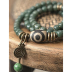 Fortune Jewel Cyan Bodhi Seed Dzi Bead Wisdom Peace Triple Wrap Bracelet