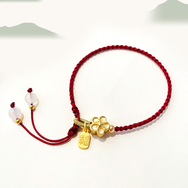 Fortune Jewel Handmade Peach Blossom Rosette Bow Knot Fu Character Charm Luck Fortune Red Rope Bracelet
