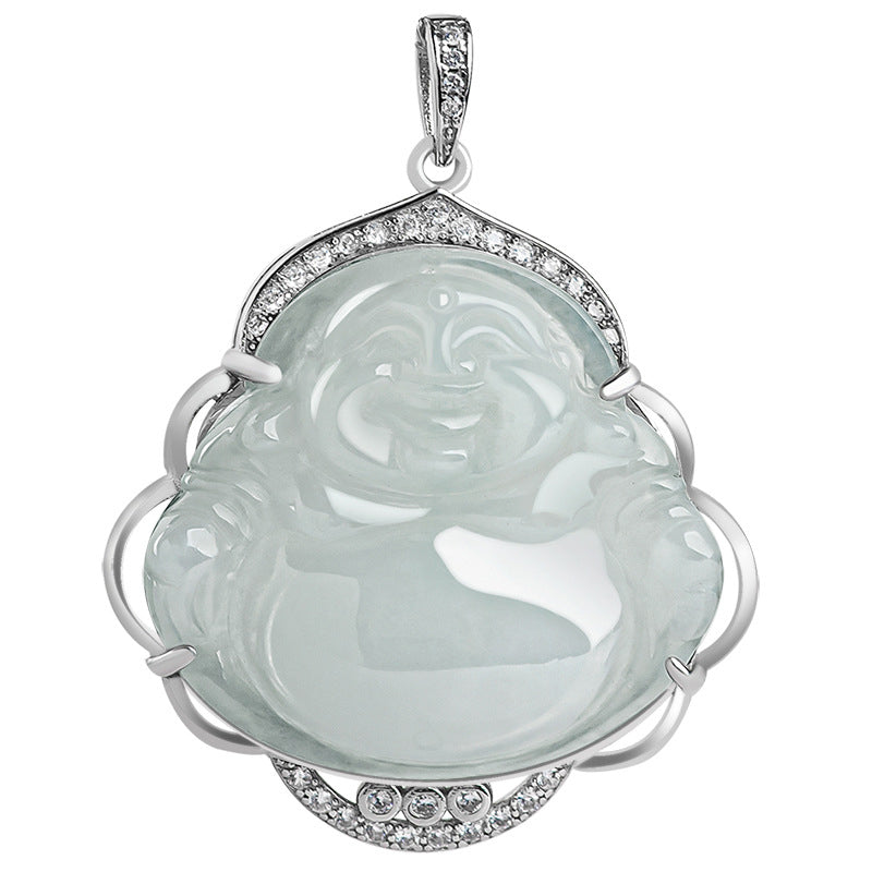 Fortune Jewel Laughing Buddha Natural Jade Abundance Titanium Steel Chain Necklace Pendant Fortune Jewel