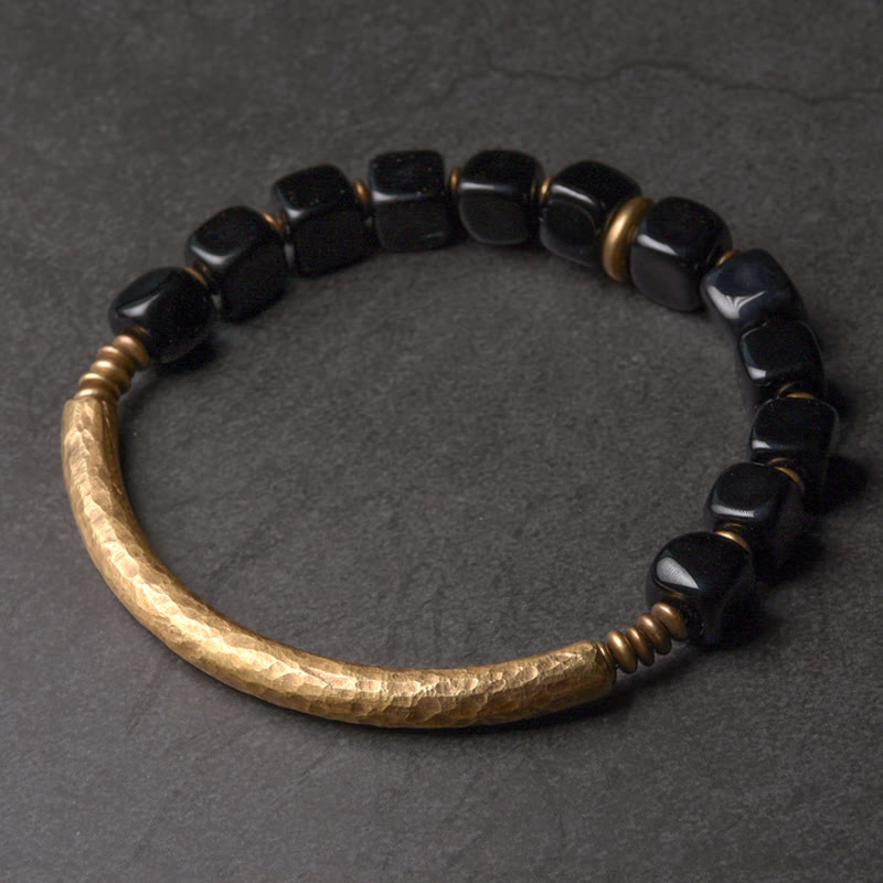 Fortune Jewel Black Obsidian Crystal Copper Strength Couple Bracelet