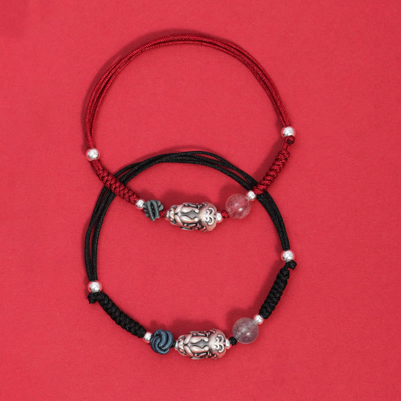 Fortune Jewel 999 Sterling Silver PiXiu Strawberry Quartz Bead Wealth Luck Braided Bracelet