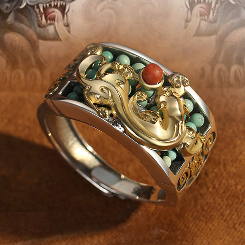 Fortune Jewel 925 Sterling Silver Turquoise Red Agate PiXiu Abacus Protection Ring