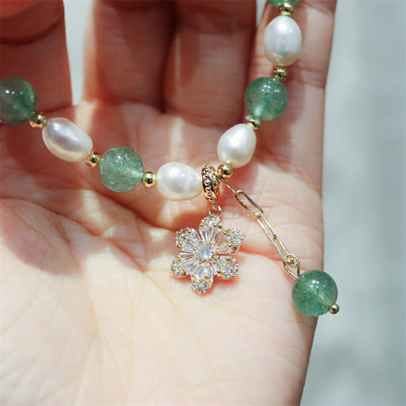Fortune Jewel Natural Green Strawberry Quartz Pearl Flower Charm Love Bracelet