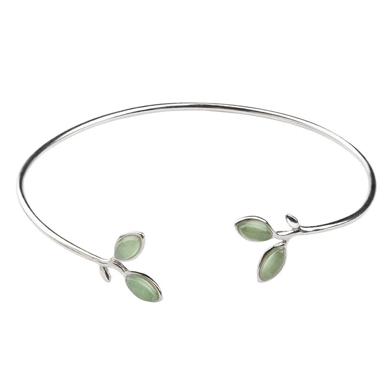 Fortune Jewel Leaf Pattern Cat Eye Support Cuff Bracelet Bangle