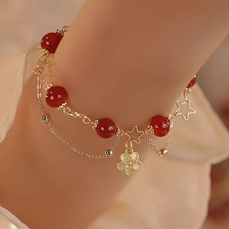 Fortune Jewel 14k Gold Plated Red Agate Star Flower Charm Calm Bracelet