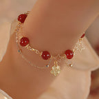 Fortune Jewel 14k Gold Plated Red Agate Star Flower Charm Calm Bracelet