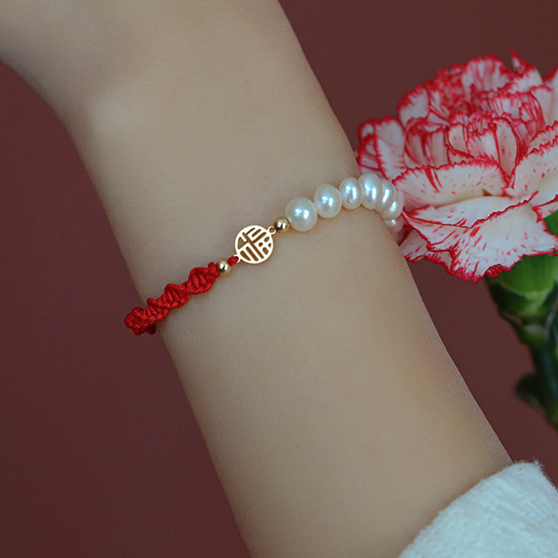 Fortune Jewel 14K Gold Plated Pearl Bead Luck Protection Braid Red String Bracelet