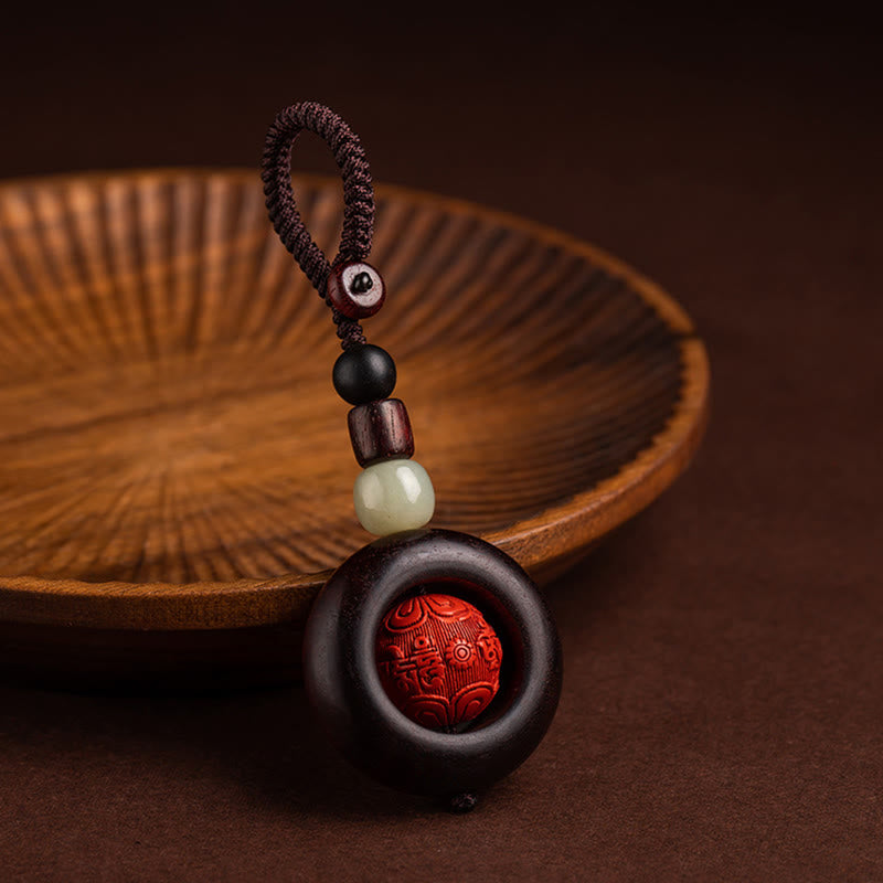 Fortune Jewel Tibet Om Mani Padme Hum PiXiu Copper Coin Small Leaf Red Sandalwood Cinnabar Protection Key Chain