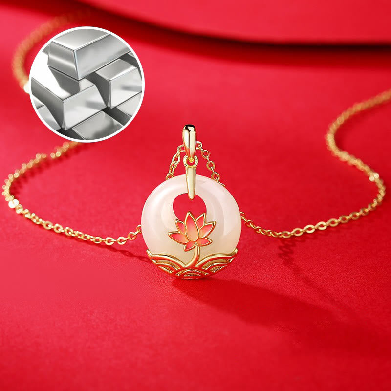 Fortune Jewel 925 Sterling Silver Hetian White Jade Lotus Flower Blessing Necklace Pendant Fortune Jewel