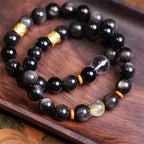 Fortune Jewel Natural Silver Sheen Obsidian Crystal Om Mani Padme Hum Bead Protection Bracelet
