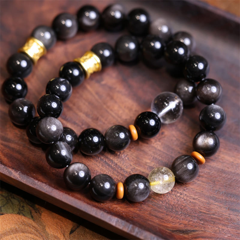 Fortune Jewel Natural Silver Sheen Obsidian Crystal Om Mani Padme Hum Bead Protection Bracelet