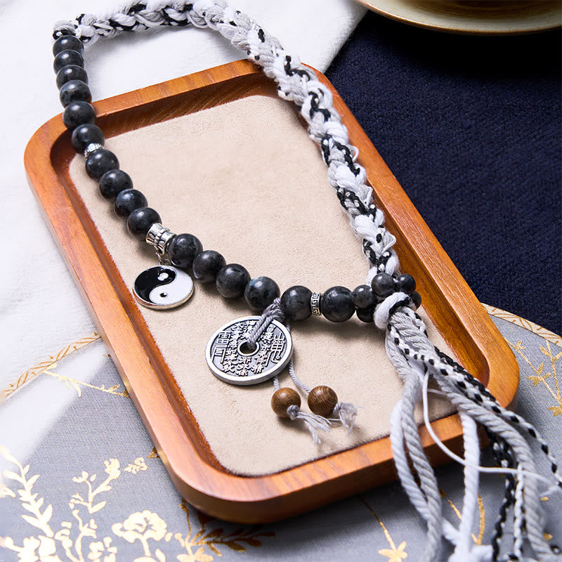 Fortune Jewel Black Glitter Stone Cat's Eye Yin Yang Mountain Ghosts Spend Money Power Double Layer Rope Bracelet