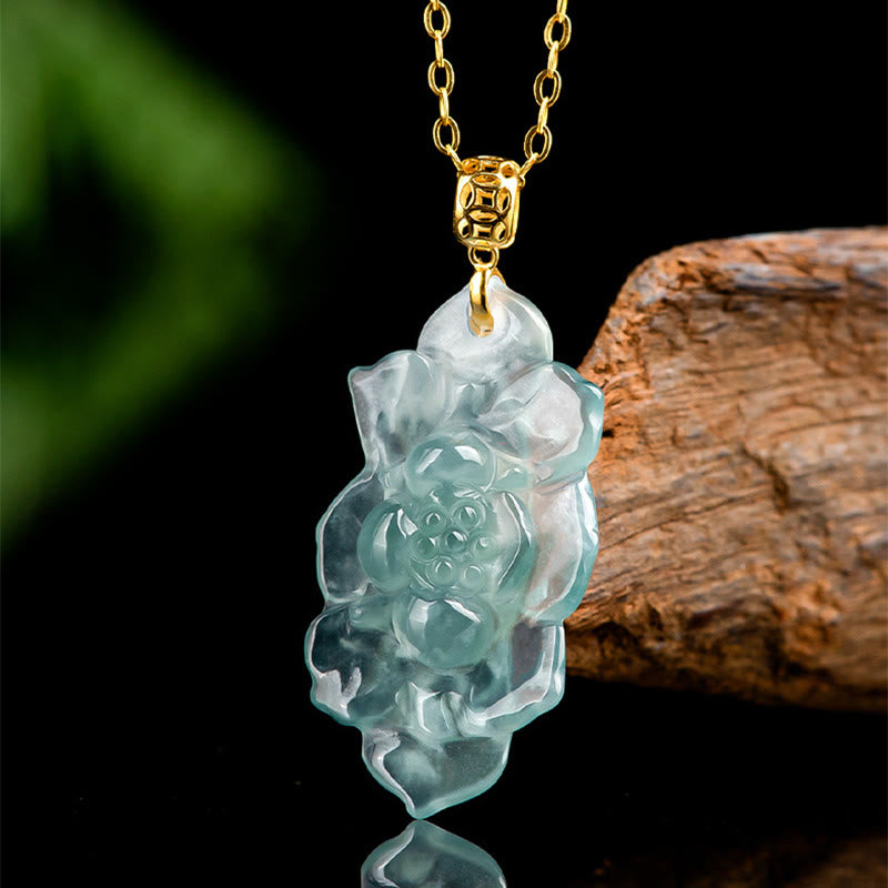 Fortune Jewel Natural Jade Lotus Pattern Prosperity Titanium Steel Chain Necklace Pendant Fortune Jewel