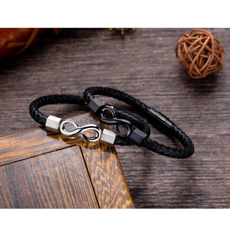 Fortune Jewel Endless Knot Titanium Steel Infinity Leather Weave Balance Bracelet