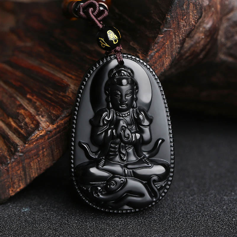 Fortune Jewel Chinese Zodiac Natal Buddha Natural Black Obsidian Purification Necklace Pendant
