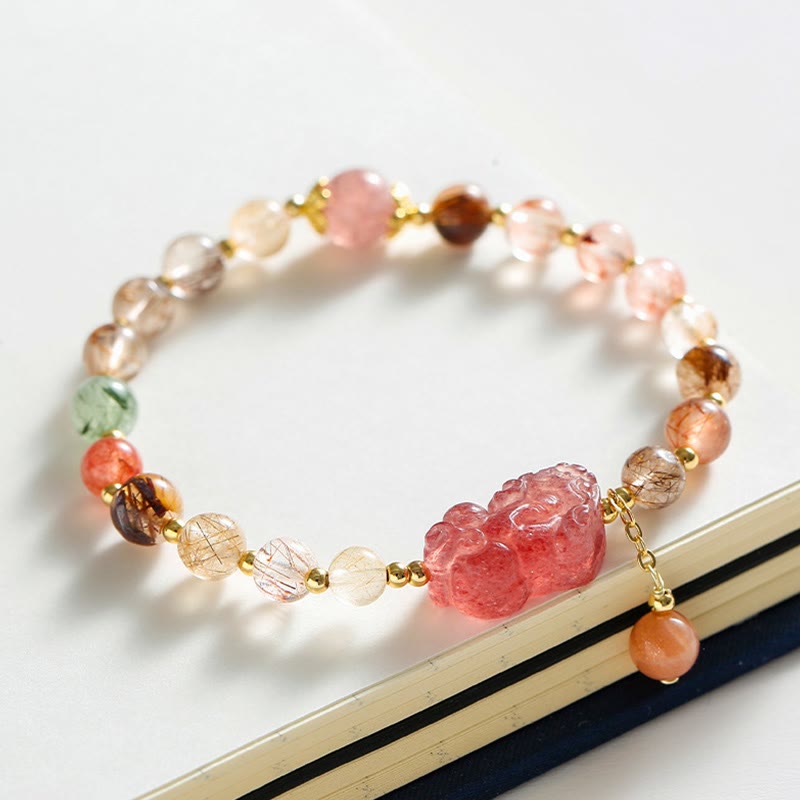 Fortune Jewel Natural Rutilated Quartz Strawberry Quartz PiXiu Wealth Bracelet