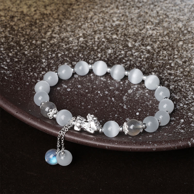 Fortune Jewel Natural Cat's Eye Moonstone Strawberry Quartz PiXiu Support Bracelet