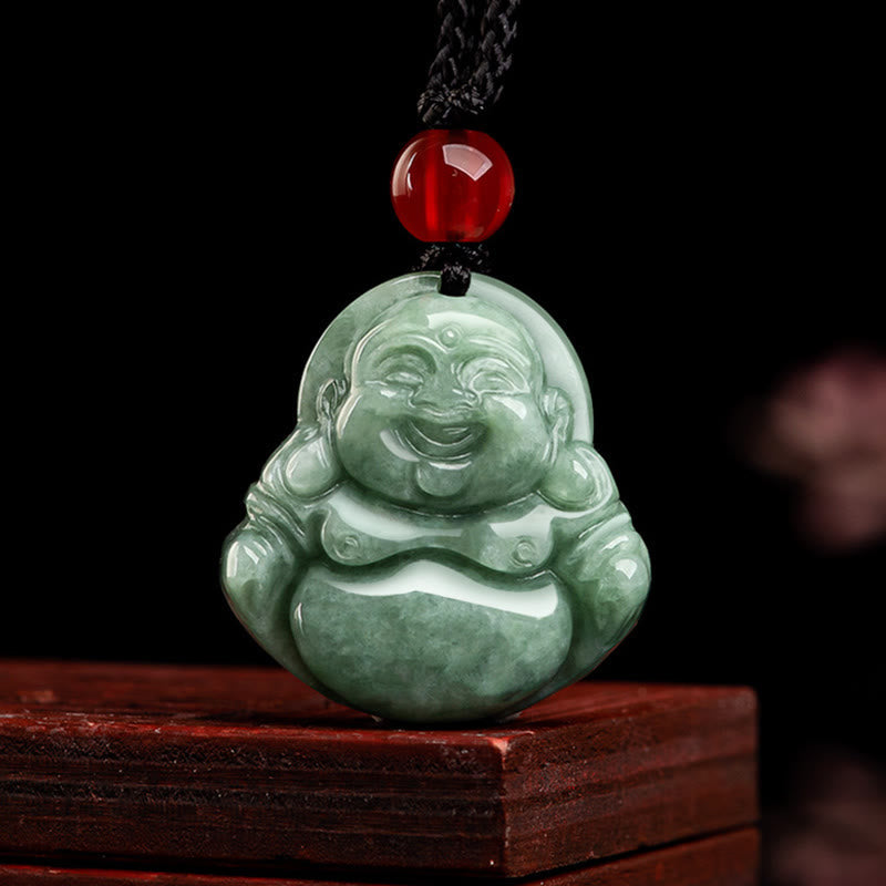 Fortune Jewel Natural Green Jade Laughing Buddha Luck Abundance Necklace Pendant Fortune Jewel