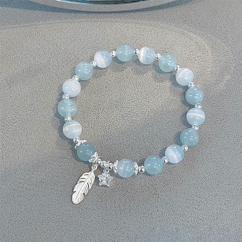 Fortune Jewel 925 Sterling Silver Aquamarine Cat's Eye Healing Feather Star Charm Bracelet