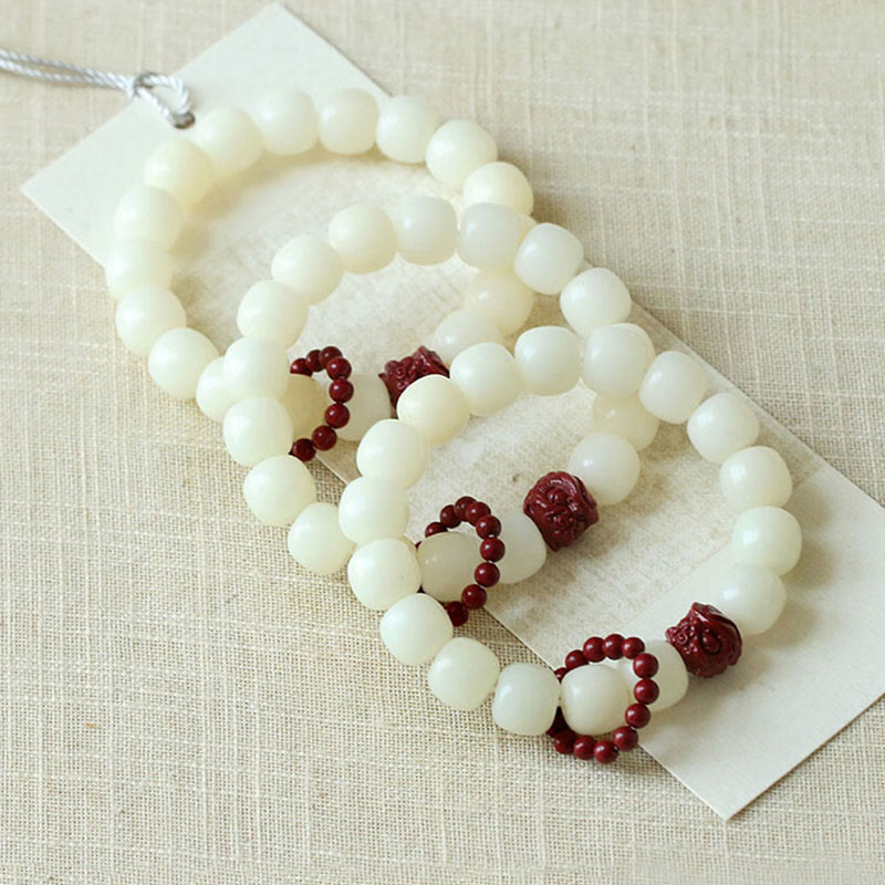 Fortune Jewel Natural Bodhi Seed Cinnabar Dancing Lion Charm Wisdom Harmony Wrist Mala