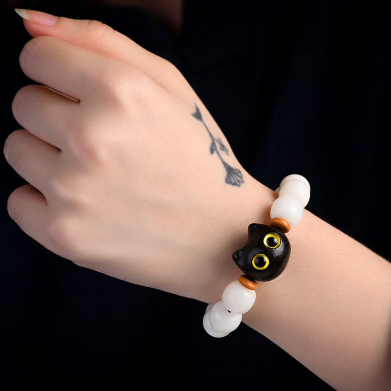 Fortune Jewel Natural Bodhi Seed Small Leaf Red Sandalwood Ebony Wood Cute Lucky Cat Wisdom Bracelet
