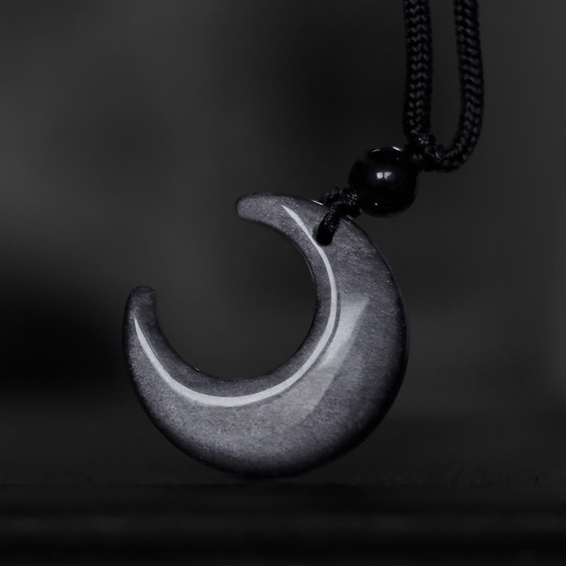 Fortune Jewel Natural Silver Sheen Obsidian Selenite Crystal Crescent Moon Yin Yang Couple Protection Necklace Pendant