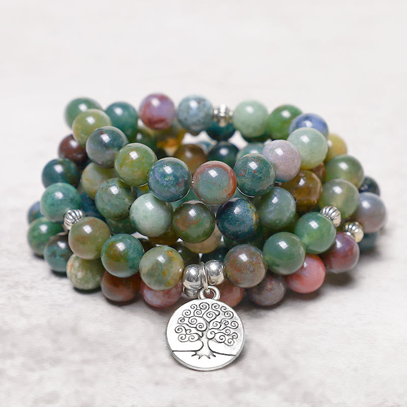 Fortune Jewel 108 Mala Beads Indian Agate Lotus OM Buddha Tree of life Positive Calm Bracelet