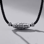 Fortune Jewel 999 Sterling Silver Nine-Eye Dzi Bead Pattern Protection Rope Necklace Pendant