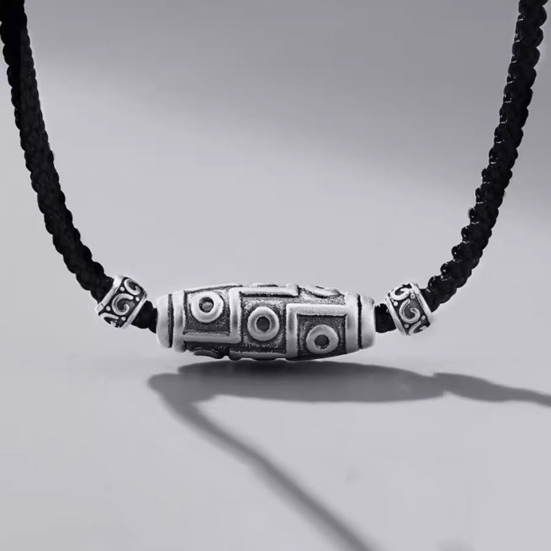 Fortune Jewel 999 Sterling Silver Nine-Eye Dzi Bead Pattern Protection Rope Necklace Pendant