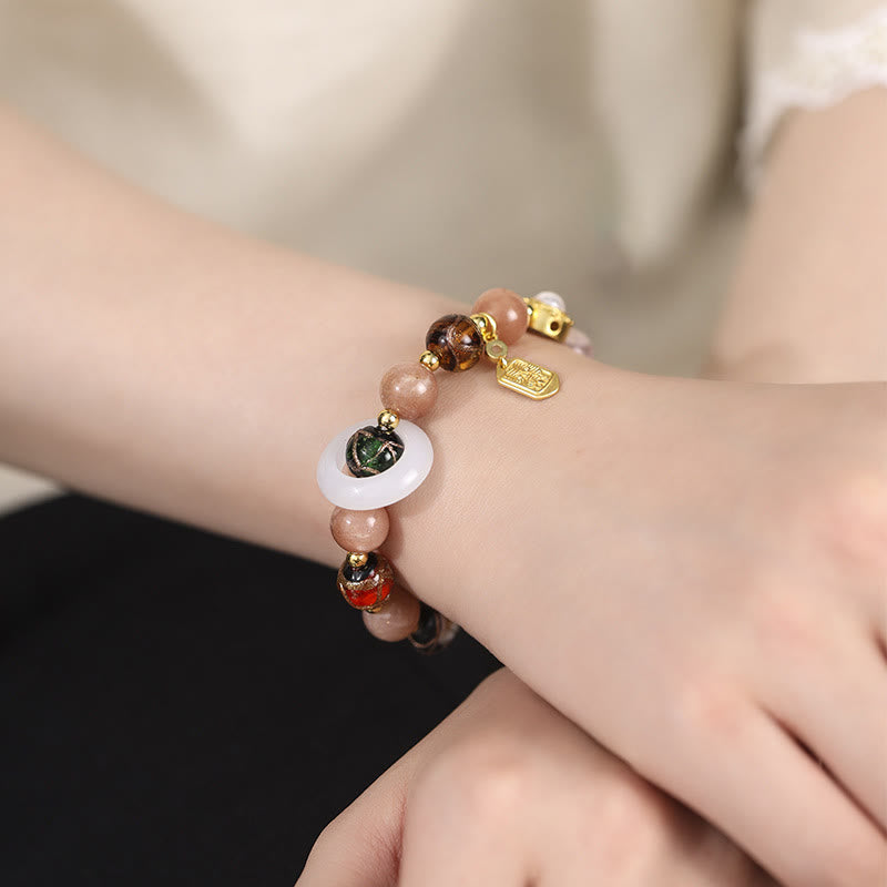 Fortune Jewel Tibetan Incense Ash Liuli Glass Tridacna Stone Sun Stone Om Mani Padme Hum Prayer Wheel Charm Bracelet