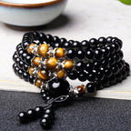Fortune Jewel 108 Beads Natural Black Obsidian Tiger Eye Mala Bracelet