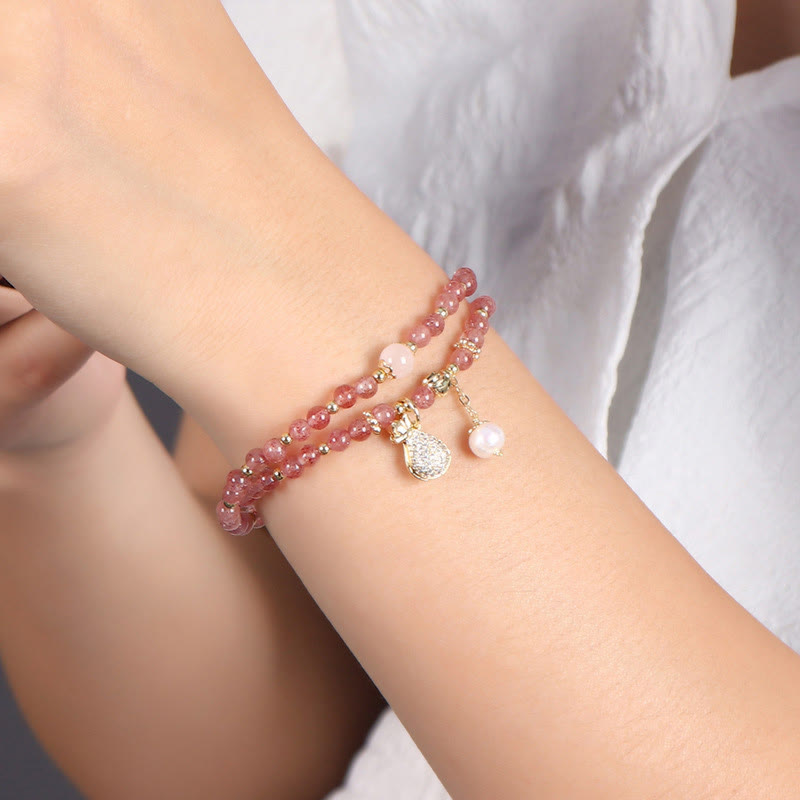 Fortune Jewel Strawberry Quartz Money Bag Positive Charm Double Wrap Bracelet