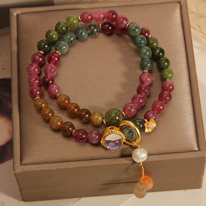 Fortune Jewel Multicolored Tourmaline Positive Double Wrap Gourd Charm Bracelet