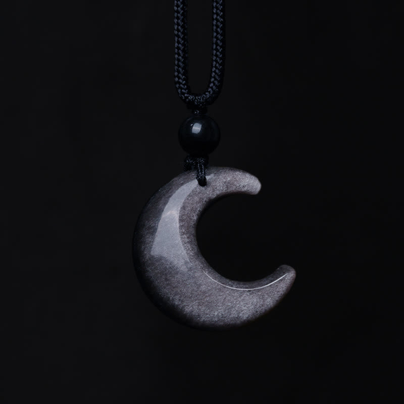 Fortune Jewel Natural Silver Sheen Obsidian Selenite Crystal Crescent Moon Yin Yang Couple Protection Necklace Pendant