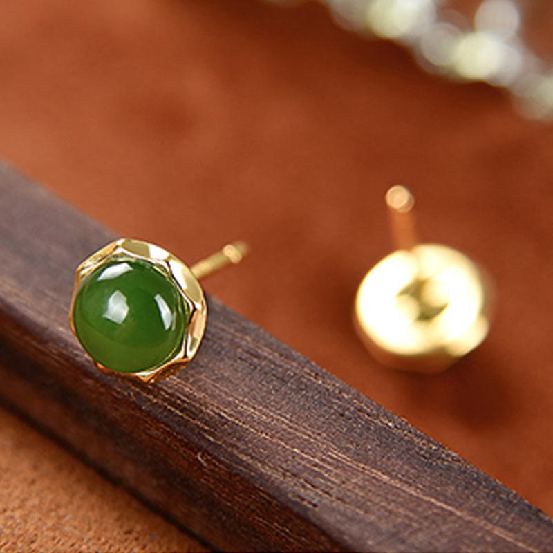 Fortune Jewel 925 Sterling Silver Plated Gold Natural Hetian Cyan Jade Bead Luck Stud Earrings